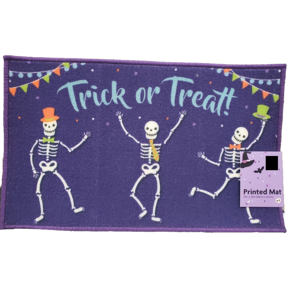 Printed Kitchen Nylon Rug(15x25")HALLOWEEN SKELETONS ON PURPLE,TRICK OR TREAT,MB